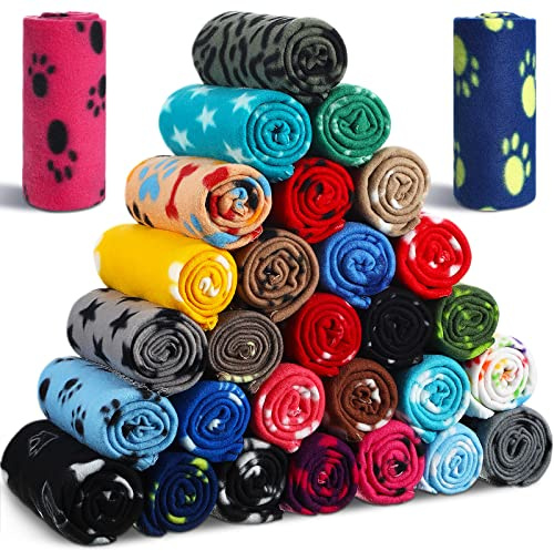 Chumia 28 Pieces Puppy Blanket Bulk Small Fleece Pet Blanket for Puppy Dogs Kitten Cats Pets Soft Warm Paw Print Sleep Mat Bed Covers, 28 Styles(23.6 x 27.6 Inch)