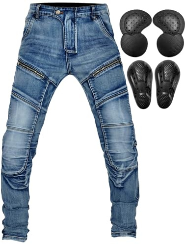 QIYUANT Herrars Kevlar Stretch Stretch Anti-Riv Vintage skyddsbyxor med avtagbar godkänd Förbättrad Protect Pads för Racing Cykel, Kl-blå, XXL
