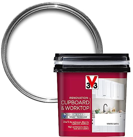 V33 Renovation Cupboard & Worktop Paint - No Undercoat Needed - High Resistance To Water Stains & Scratches - Ultra Washable - White 750ml