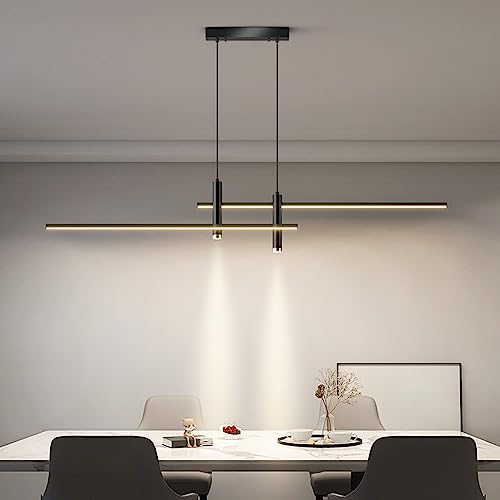Kitchen Island Lights LED Pendant Lights Dimmable Dining Room Black Hanging Lamp Modern Linear Designer Chandelier Height Adjustable Kitchen Office Living Room Bar Ceiling Lighting (L150CM, Black)