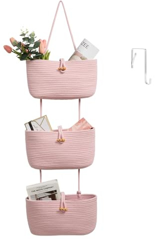 TeoKJ Over the Door Hanging Baskets with Button Strap, 3-Tier Woven Cotton Storage Organizer Bag, Wall-Mounted with Hook Decorative Hanging Nursery Baskets - Pink