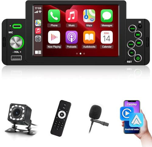Autoradio 1 Din con Senza fili Carplay e Android Auto - Stereo auto Bluetooth Touchscreen HD da 5 Pollici con Mirror Link, Radio FM, Porta AUX/USB, SWC + Telecamera di Backup