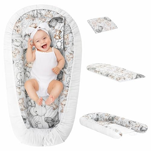 PillowPrim 3 teilig Babynestchen Set Babynest 94x53x10 - Multifunktionale Kuschelnest Babynest - Kokon für Babys und Säuglinge – antiallergisch - Wickelauflage Kuschelbett (Das Zebra und der Löwe)