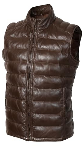 STREGA Puffer Vest Men Real Lambskin Leather Quilted Down Waistcoat Jacket - Outdoor Sleeveless Mens Vests (US, Alpha, XX-Large, Regular, Regular, Brown)