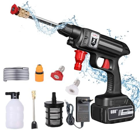 Nettoyeur Haute Pression sans Fil, 30Bar, Batterie et Tuyau de 5M, Pistolet Haute Pression sans Fil pour Arrosage (30000mAh)