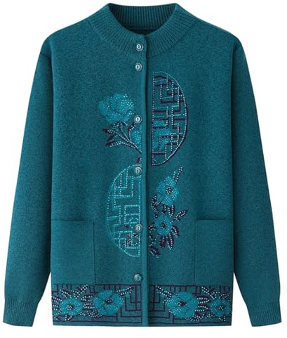 ACMEDE Cardigan Tricoté Femme À Manches Longues avec Poche Pull Tricoté Épais Et Chaud pour Personnes Âgées D'Âge Moyen, Veste Haut en Tricot Thermique décontracté Manteau de Grand-mère, 40-78KG