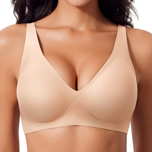 Ganado Damen BH Tiefem V-Ausschnitt Nahtloser BH Ohne Bügel Push Up BHS Bralette Soft Bequem BHS Bügellos Bustier (Beige, M)