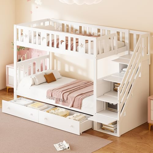 Moimhear Lettino per bambini, 90x200 cm, letto a castello in legno massiccio, con scala di sicurezza, scala con spazio di archiviazione, due grandi cassetti e rete a doghe, trasformabile in 2 piccoli