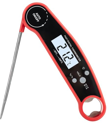 Termómetro Cocina - Meat Thermometer Termómetro Digital Cocina para Carne, Barbacoa, BBQ y Alimentos - Pantalla LCD Clara - Función de Encendido/Apagado Automático - Color Rojo