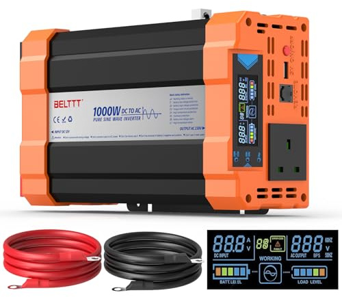 Rewing 1000W Power Inverter 12V to 230V AC Pure Sine Wave Inverter,Car Inverter DC 12v to AC 230V UK with AC Sockets Dual Car Adapter With LED Display Suitable (Inverter 12v 1000w (Orange), 12v 1000w)