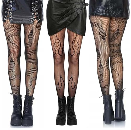WangVipfei Lot de 3 paires de collants résille pour femme - Motif sexy - Noir - 2 collants serpents résille + 1 collant en résille flammée - Taille haute - Pour Halloween, fête, cosplay, club