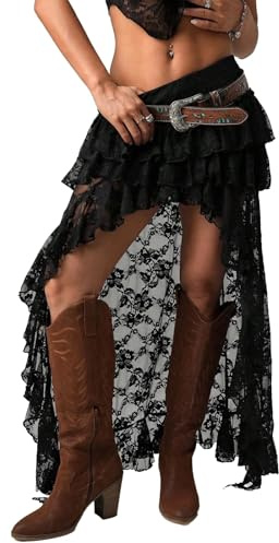 yssgtt Falda de encaje con volantes Y2K vintage con dobladillo irregular, minifalda floral sexy para mujer, Negro, XL