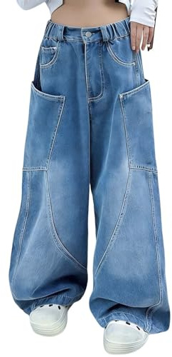 Blue Tween Girls Cargo Jeans Trousers Wide Leg Loose Y2K Denim Pants Kids Cargo Trousers Oversized Joggers Baggy Casual Retro Jeans with Multiple Pockets Elastic Waist Straight Bottoms 14-15 Years