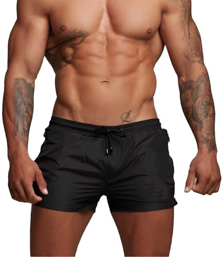 JiaYouLC Mens Swimming Trunks with Mesh Lining Zipper Pockets Quick Dry Short Swim Shorts for Men (UK, Alpha, L, Regular, Regular, Black)