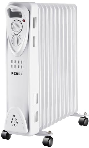 Perel Radiateur à huile 2500W avec 11 ailettes, 3 niveaux de chauffe, thermostat réglable, poignée, roulettes, protection anti-surchauffe et basculement, chauffage d'appoint portable, silencieux et
