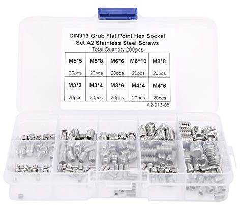 200 Stück Madenschrauben Sortiment Set M3/M4/M5/M6/M8 Edelstahl Flachkopf Innensechskant Madenschraube Innensechskantschrauben mit Aufbewahrungsbox