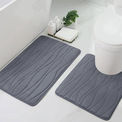 Homaxy Badematten Set 2 teilig Memory Foam Badezimmerteppich WC Vorleger mit Ausschnitt Set Saugfähige rutschfeste Badteppich Set Waschbar Badvorleger Set 2teilig, Dunkelgrau