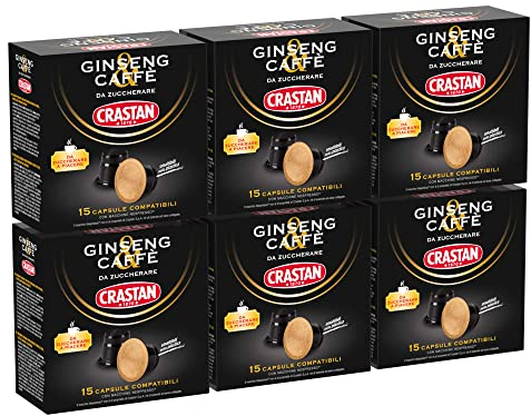 CRASTAN 1870, 90 Capsule, 6 Box da 15 Capsule di Ginseng e Caffè Nespresso, Capsule Compatibili con Nespresso da Zuccherare a Piacere, Bevanda Senza Glutine, 100% Made in Italy
