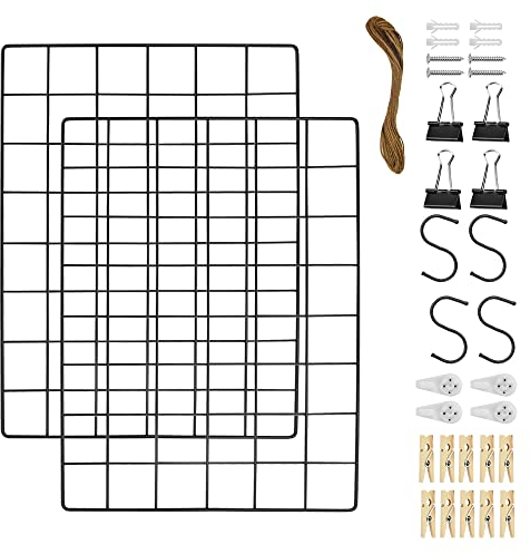 XAVSWRDE 2 Pezzi Griglia Metallica da Parete Griglia per Appendere Foto 30 * 40cm Griglia di Ferro per Foto con 4 Chiodi 10 Mollette di Legno 4 Mollette a Coda Lunga 4 Ganci 4 Viti e 10 m di Spago