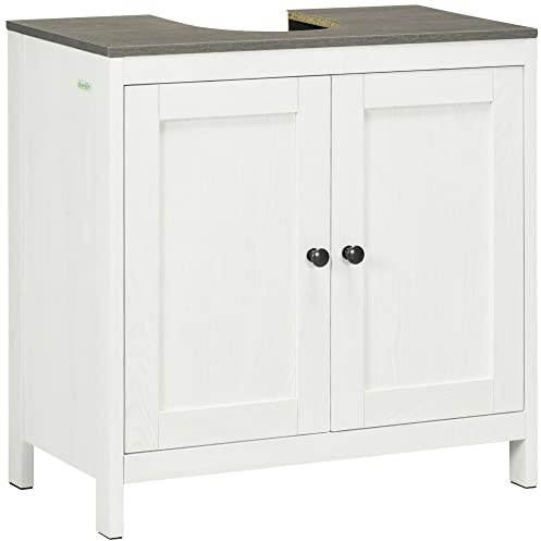 kleankin Modern Bathroom Sink Cabinet, Floor Standing Under Sink Cabinet, Freestanding Storage Cupboard with Adjustable Shelf, Double Doors, Antique White