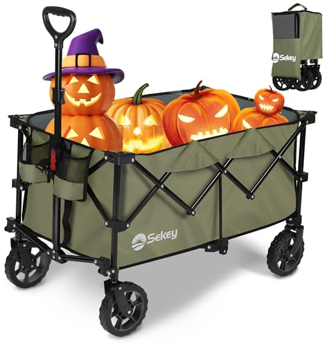 Sekey XL Bollerwagen Faltbar 150L 150KG mit Bremsen, Faltbarer Bollerwagen Handwagen Geländereifen, Zusammenfaltbar aus 4 Richtungen, Verstellbarer Handgriff, XL-G 4014, Olivgrün