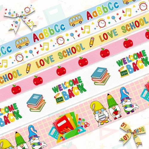 Hying 6 PCS Welcome Back to School Ribbons, 1 & 3/8 Width School Themed Grosgrain Ribbons Red Yellow Blue Ribbon School Bus Gnomes Craft Ribbons for Gift Wrapping DIY Teacher Appreciation Supplies