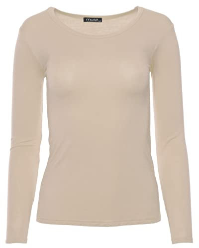 Easy Young Fashion - Damen Basic Rundhals Shirt - Langarm Unterziehshirt - Skinny Fit 1093 - Beige M
