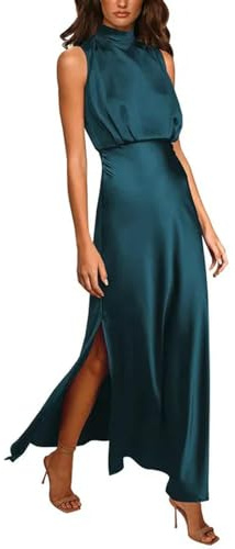ARESU Vintage Mock Neck Sin Mangas Vestidos De Satén Mujeres Elegante Alta División Formal Fiesta Vestido Largo Mujer Cintura Delgada Vestido De Noche-Azul-S