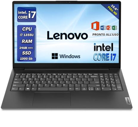 Lenovo notebook i7, Pc portatile, intel core 13 th, 24gb Ram ddr4, Display 15.6 Full Hd, SSD 1 TB, Wi fi, Bt, Windows 11 Pro, Office Pro, Laptop i7