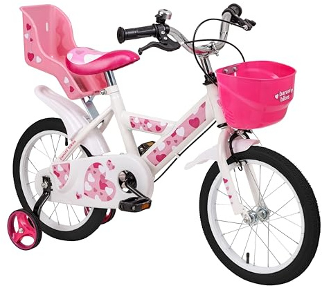 Baroni Toys Bicicleta de Niña, Rosa con Diseño Estilo Corazones con Portabicicletas y Ruedas Incluidas, Bicicleta de Acero con Cesta para Niña, Rosa, Corazones, Tamaño 12'', 14'' y 16 (14)
