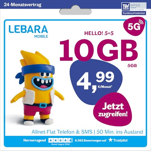 LEBARA Handytarif Hello! 5+5 | 10 GB Datenvolumen | 4,99€ mtl. | 5G mit bis zu 50 Mbit/s | Allnet-Flat Telefonie & SMS Deutschland inkl. EU-Roaming | 50 Auslandsminuten