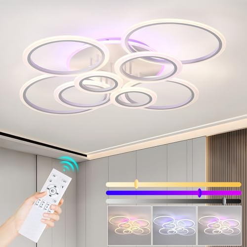 ZAITINZ dimbara moderna taklampor, 80 W LED-taklampa med fjärrkontroll, 8-ringar sovrum taklampa armatur för vardagsrum, kök, spelrum, 3 000 – 6 000 K, vit