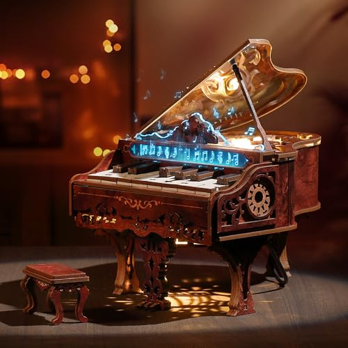 FUNPOLA Kit de Piano Puzzle en Bois 3D avec LED, Modèle de Clavier Jouable avec Lumières LED, Kit de Bricolage Interactif & Puzzle de Piano Numérique pour Adultes（14+）