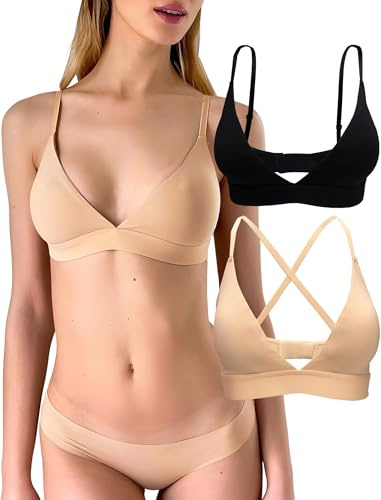 KUKU PANDA Pack de 2 Sujetadores Triángulo Mujer - Algodón Orgánico Sin Aros con Relleno Extraíble - Escote en V Moderno (Negro/Beige, X-Small