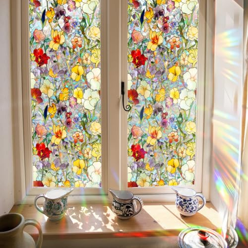 GORGECRAFT Pellicola per La Privacy per Finestre con Fiori Colorati Arcobaleno da 100x43cm 3D in Vetro Colorato per Finestre Decorativa Non Adesiva Statica Riutilizzabile Resistente Ai Raggi UV