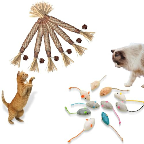 9 Pezzi Giocattolo per Topi per Gatti, con 6 Pezzi Bastoncini Erba Gatta per Gatti, Topo di Peluche Giocattolo con Erba Gatta,Bastoncini Cura Denti per Gatti, Auto-occupazione con Erba Gatta