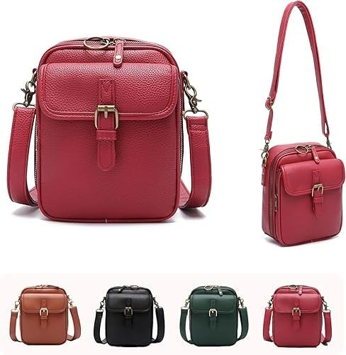 Auosxny Mini Sac Messager Double Couche Grande capacité, Version 2025, Porte-Monnaie Vintage antivol, avec 10 emplacements pour Cartes, Sac à bandoulière pour Femmes et Hommes(Red)