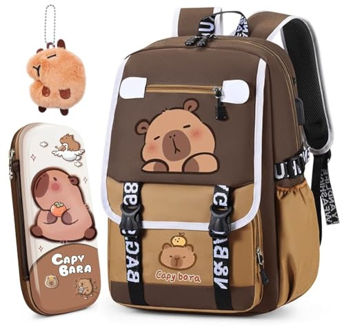 WFKKMEQ Capybara Zaino, Capybara ainetti per Bambini Scuola Elementare Set con Astuccio Portachiavi Cartone Animato Borse Scuolas Zaino Casual Borsa Bag Carino Zainetto Casual Scuola Scuolas Zainetti