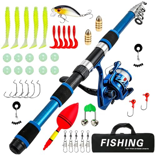 WDKXCN Canne a Peche pour Enfants, 2.1M Canne à Pêche Ensemble, Cane a Peche avec Moulinet et Appât, Ensemble de Démarrage de Pêche pour Enfants pour Garçons et Filles, Bleu