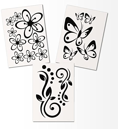 Hibiskus Schmetterling Blüten Ornament SET I - schwarz - 30x21cm - Wall Sticker Wandtattoo Wandaufkleber - Dekoration, Küche, Wohnzimmer, Schlafzimmer, Badezimmer