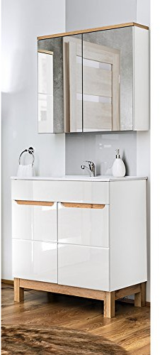 Lomadox Ensemble de Meubles de Salle de Bain Blanc Brillant avec lavabo en céramique et Meuble de Rangement 80 cm