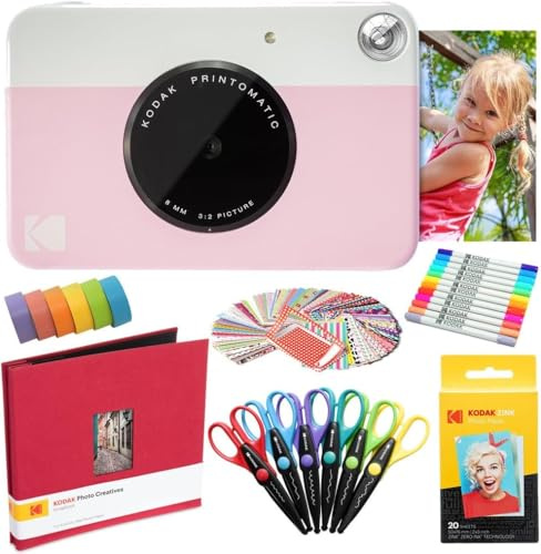 KODAK Printomatic Instant Camera (rosa) konstpaket + zink papper (20 ark) + 8 x 8 tyg klippbok + 12 tvillingspetspennor + 100 kantklistermärken + 6 dekorativa saxar + washitejp