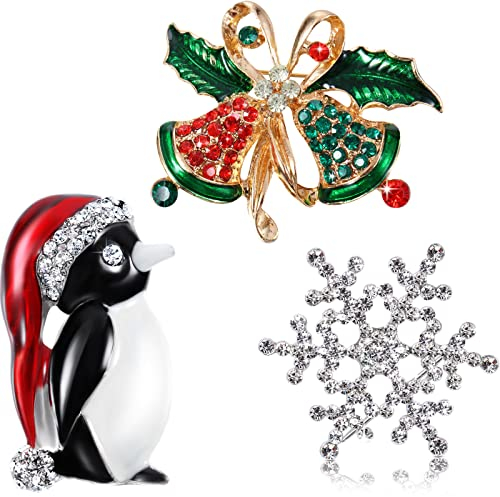 Strass Kristall Brosche, Elegante Mode Brosche Pins für Party Feier, 3 Stück (Pinguin, Schneeflocke und Glocke)