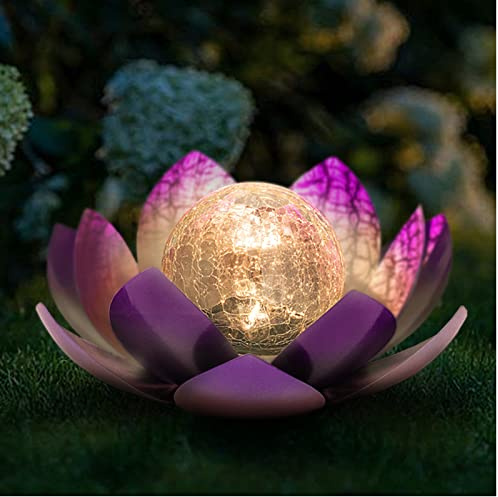 Huaxu Solar Lights Outdoor Decor Purple Lotus Waterproof LED Crackle Globe Glass Metal Flower Decorations for Garden Patio Yard Porch Pathway Ground Tabletop