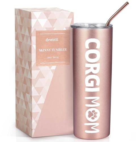 Onebttl Corgi Skinny Tumbler Geschenke für Frauen, Frauen, Frauen, Frauen, Sie und Corgi-Liebhaber, Corgi Mom, 590 ml, Edelstahl, isoliert, mit Strohhalm, Deckel, Message-Karte – (Roségold)