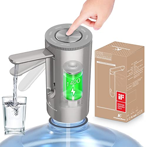KitchenBoss-Dispensador de Agua Electrico-Bomba Agua Garrafa: Dosificador Agua Garrafas Portable, Carga Tipo C, Dosificador de Agua para Botellas de 3.8-18.9 litros, Gris Plateado
