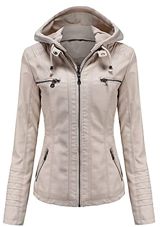 DISSA Veste biker femme en simili cuir à capuche Zip,EU 36-52 | Capuche amovible,cordons,poches poitrine zippées,poches taille,poignets matelassés, Veste biker capuche,veste quotidienne