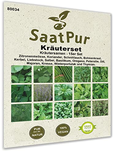 SaatPur® Saatgut Kräuter 15er Set, Garten-Kräutersamen, 15 Saattüten für ca. 1.700 Planzen: Kräutermischung mit u.a. Schnittlauch, Salbei, Basilikum, Oregano, Petersilie, Dill, Graspapier-Verpackung