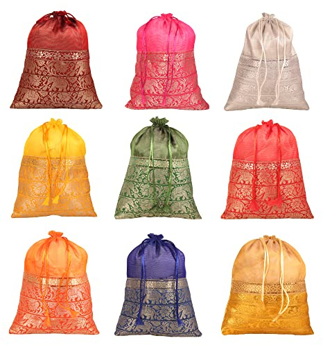 Touchstone Drawstring Bags Traditional Indian Handcrafted in Elephant Pattern Brocade fabric. Perfect for Gifts Jewelry Weddings Sweet Distribution Set of 9 Vibrant Multicolor Pouches Purses Potli