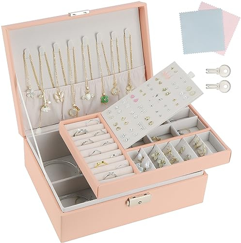 TEIVUL Jewellery Box, 2 Layer PU Leather Jewellery Organiser with 2 Keys and Cleaning Cloth, Suitable for Rings, Earrings, Necklaces-Gifts for Women, Girls (Pink)